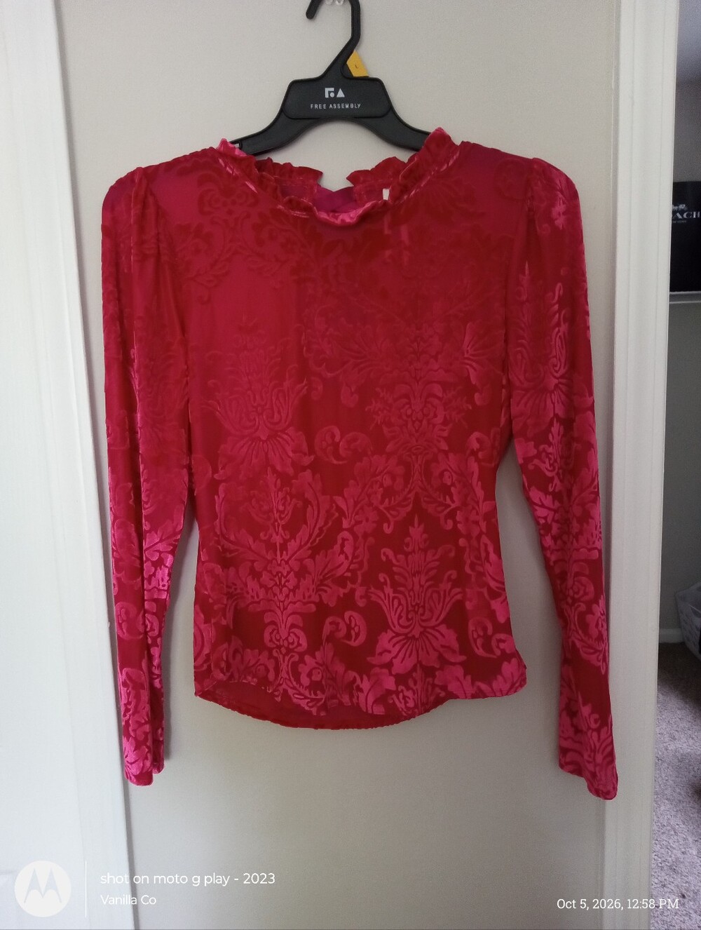Anthropologie Sheer Velvet Burnout Top Long Sleeve Red Large - Picture 2 of 12